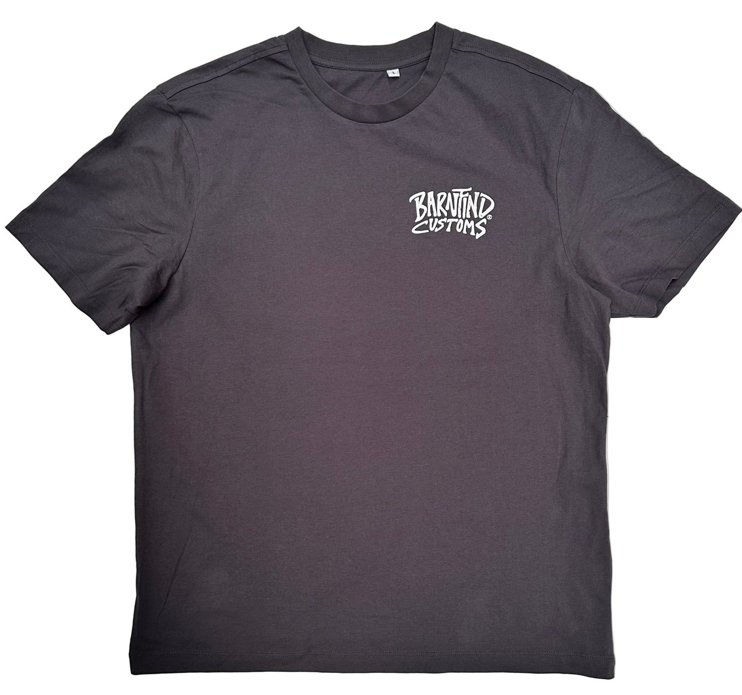 Gray t-shirt with 'Barnfind Customs' logo on a white background