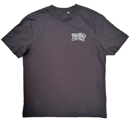 Gray t-shirt with 'Barnfind Customs' logo on a white background